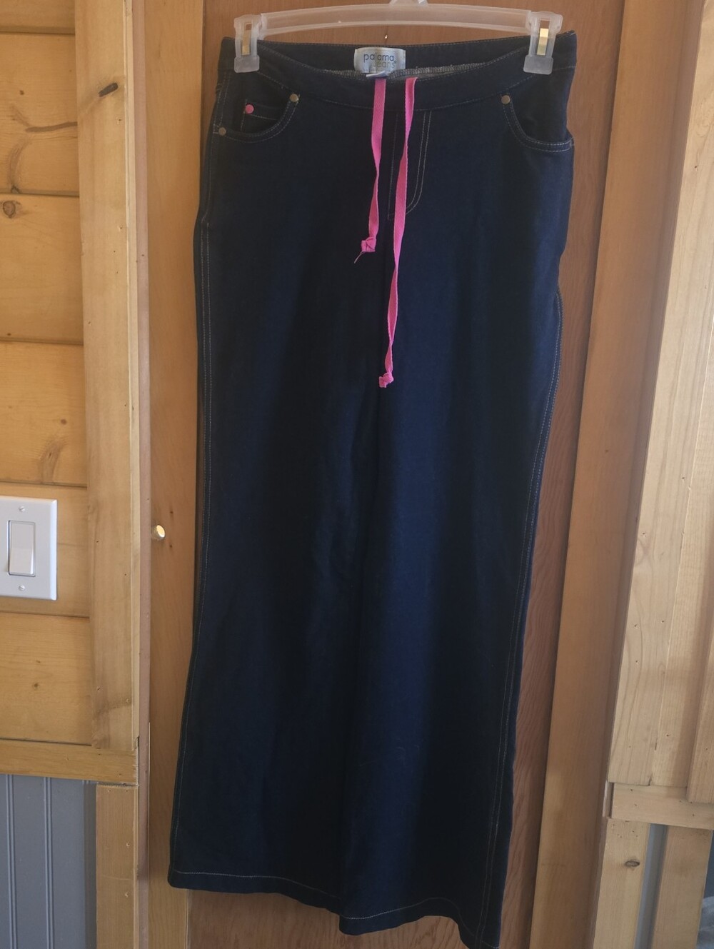 New no tags pajama jeans size small dark wash stretchy pink drawstring jeans